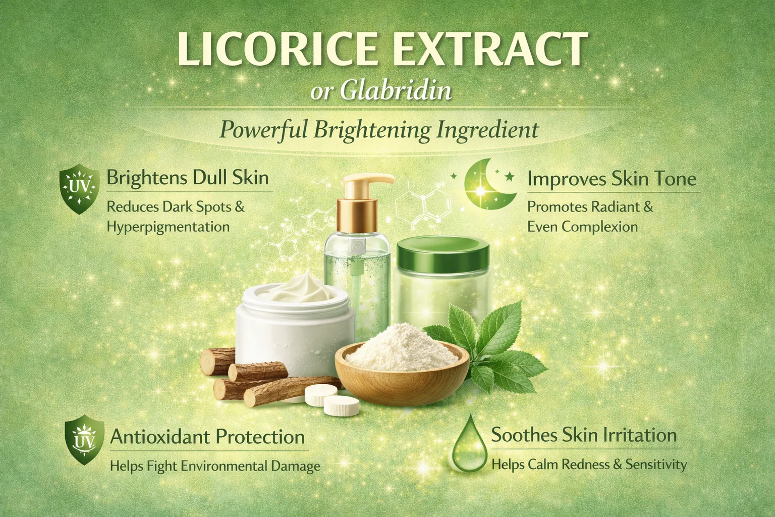 Graphic showcasing licorice extract benefits, including brightening dull skin, improving skin tone, antioxidant protection, and soothing irritation.